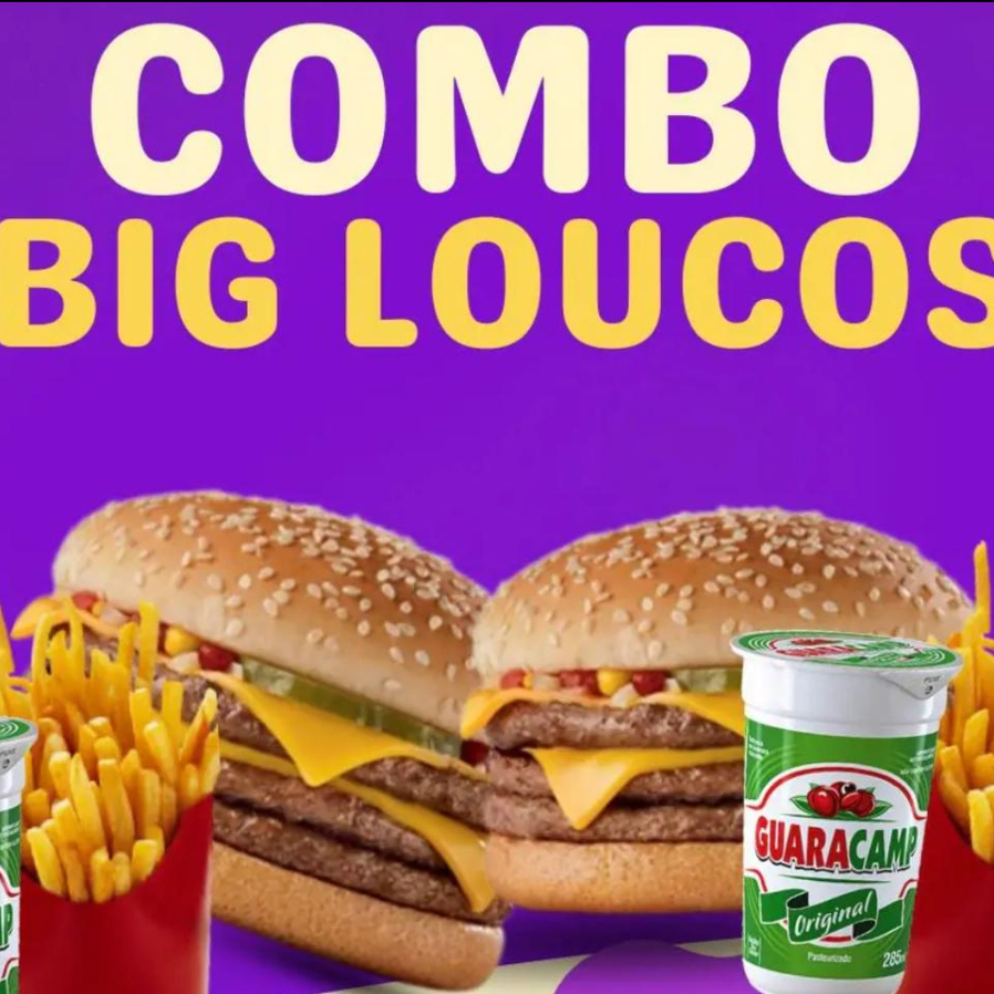 2 Sanduíches, cada um com:   Pão, 3 Carnes, 3 Fatias de Cheddar Fatiado, Salada,  Molho especial, 2 Copos de Guaracamp 2 Batata