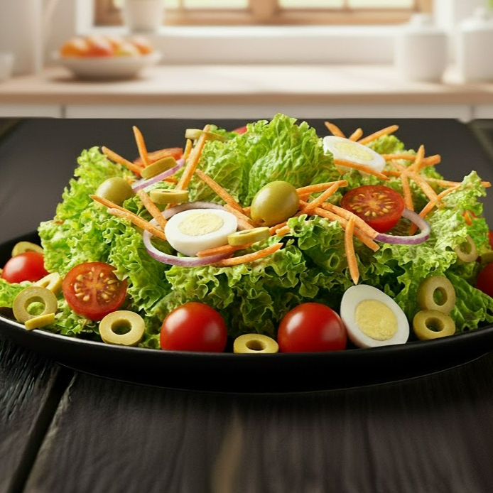 Alface, tomate cereja, cebola roxa, cenoura ralada, ovo de codorna e azeitonas verdes. Vocês vão adorar essa combinação !!!