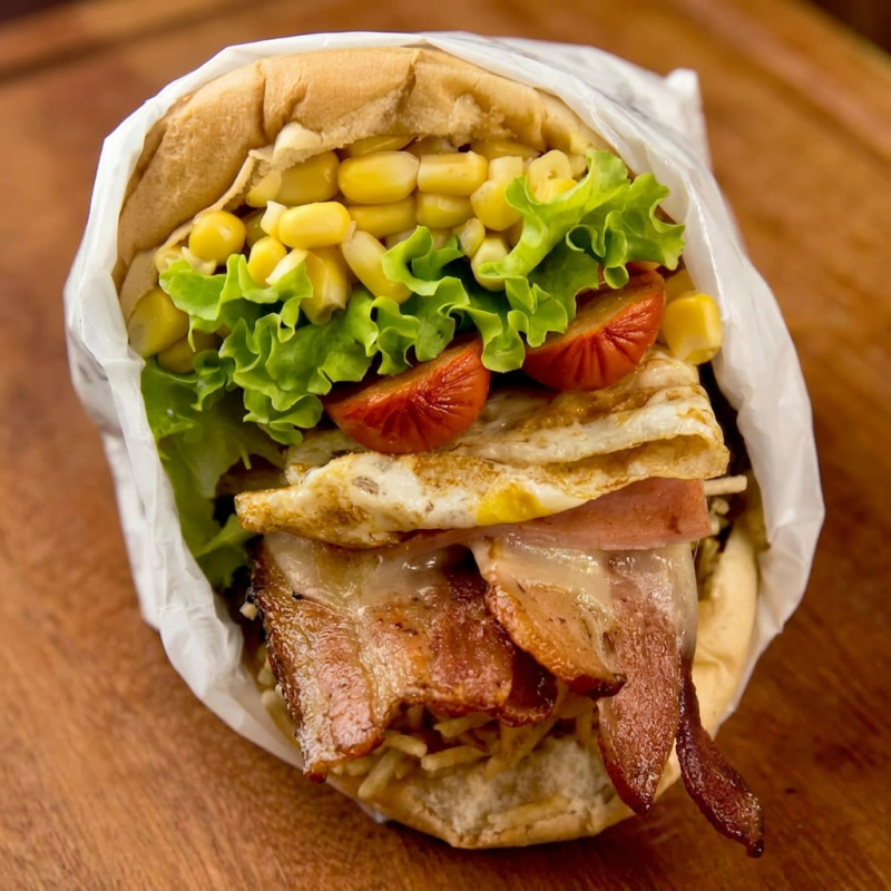 O queridinho da casa, Lanche de Hamburguer Bovino, acompanhado de Bacon, Salsicha, Ovo, Mussarela, Apresuntado, Salada, Milho e batata palha. .
