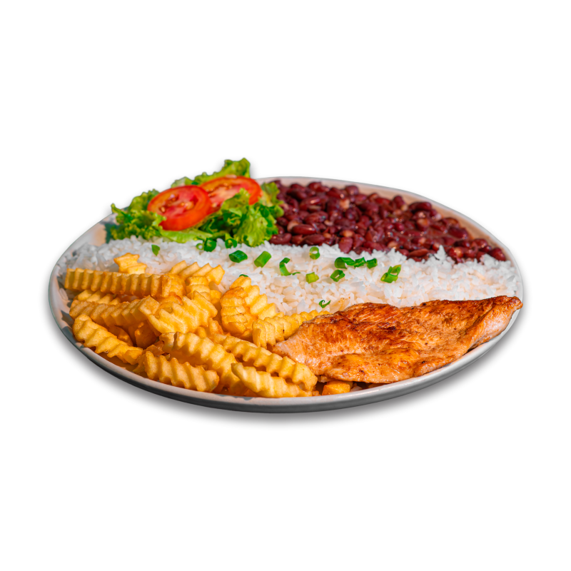 Filé de frango grelhado, arroz, salada simples (alface e tomate) e batata a sua escolha.