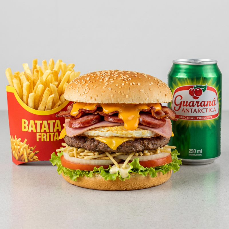 1 x tudo ( pão, carne, ovo, queijo, presunto, calabresa, bacon, cheddar, salada, batata palha, maionese da casa e ketchup. Porção de batata frita pequena 1 refrigerante lata Guaraná Antarctica