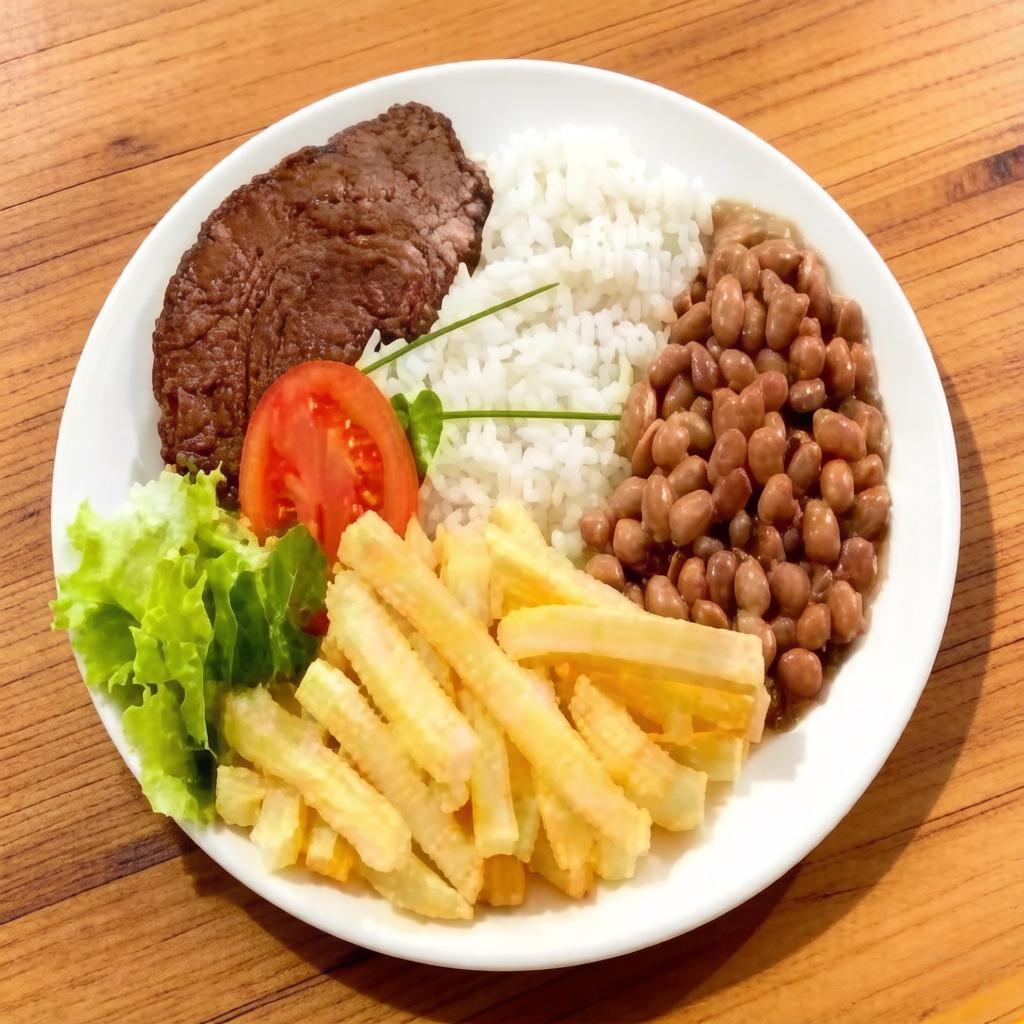 Bife de Boi, Arroz Branco ou Com Alho, Feijão, Batata Frita,Salada