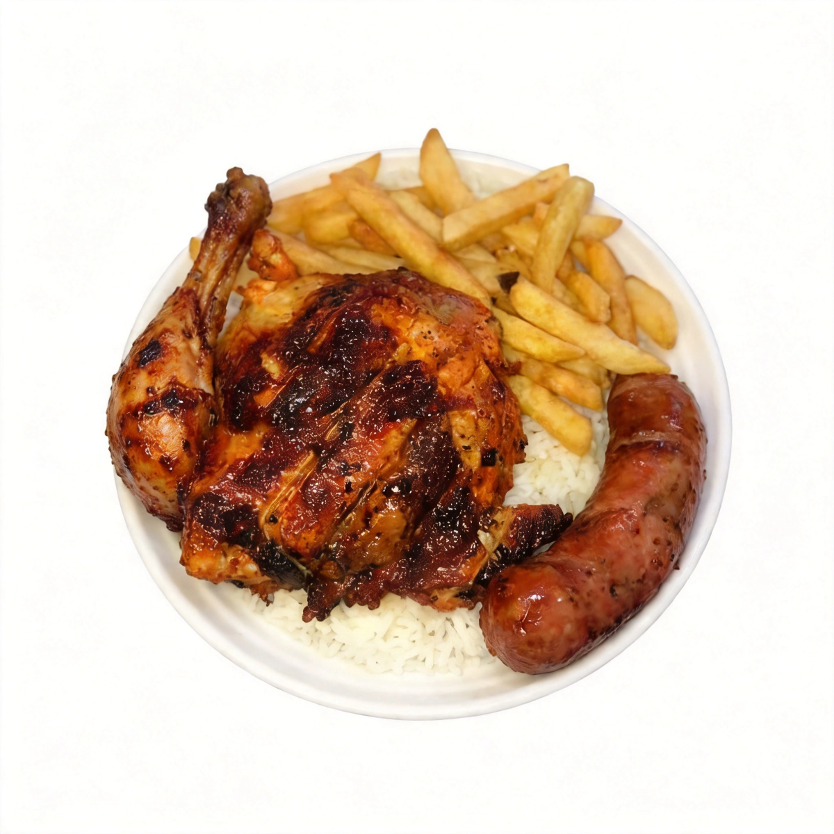 Arroz, feijão, batata frita, frango e linguiça