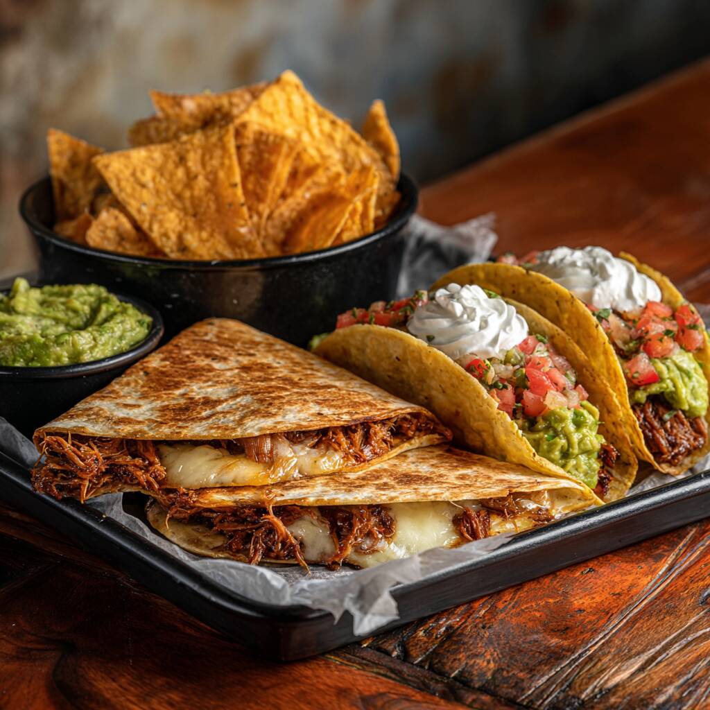 Dois Gold Tacos com recheios irresistíveis (escolha seu favorito). Uma Quesadilla bem recheada, cortada em dois pedaços generosos, com muito queijo derretido e sabor de sobra. Acompanhado de nachos crocantes, perfeitos pra mergulhar no seu molho preferido (guacamole, sour cream ou chilli — você escolhe!). Ideal pra compartilhar ou devorar sozinho sem culpa. Viva Guadalajara no sabor!