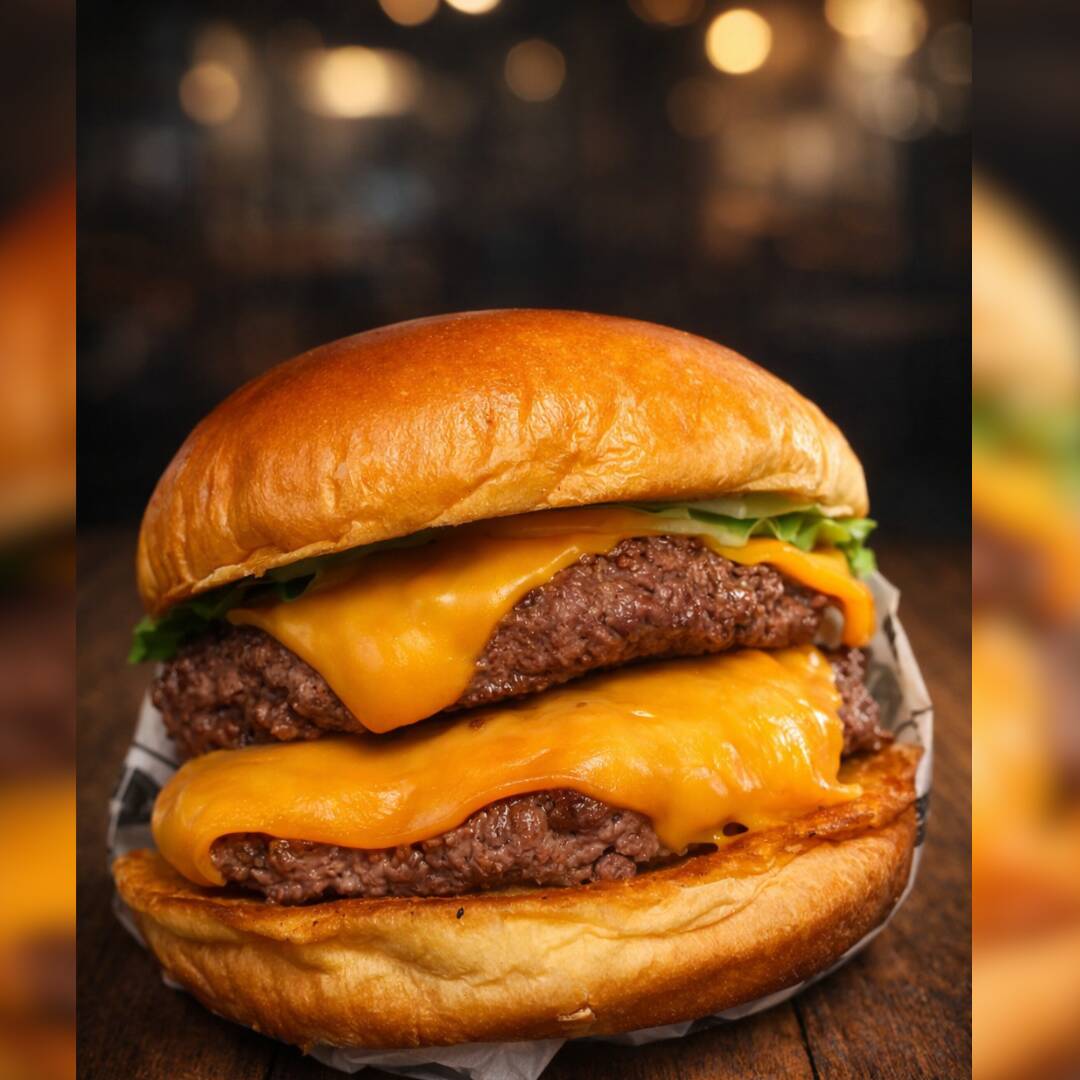 Pão brioche, 2 burguer 180g caseiro, 2 cheddar, molho da casa na base e topo.