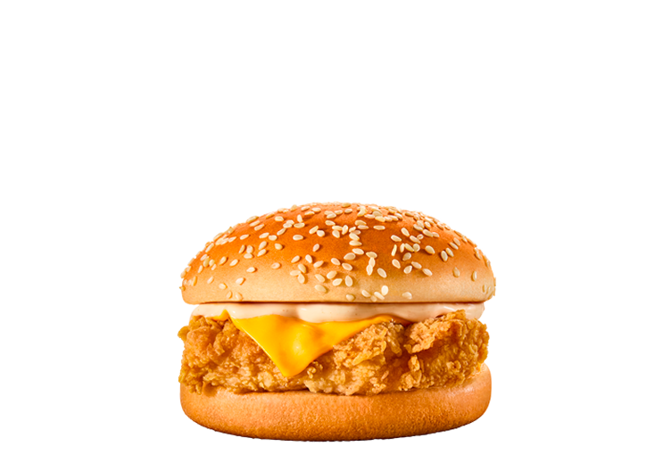 Filé de peito de frango crocante 70g, queijo tipo cheddar fatiado e molho coronel no pão com gergelim.