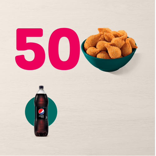 Você vai se apaixonar com este combo. 50 unidades das nossas deliciosas Minicoxinhas + 1 refri 2l. Vem aproveitar! Cuidado, recheio quente.