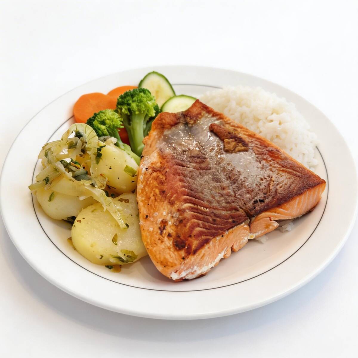 "Explore o sabor excepcional do nosso suculento Salmão Grelhado de 180g e construa seu prato personalizado com três acompanhamentos à sua escolha! Com nossa opção à la carte, você tem a liberdade de criar uma refeição única e repleta de sabores, de acordo com suas preferências. Desfrute de uma experiência gastronômica exclusiva, feita sob medida para você.