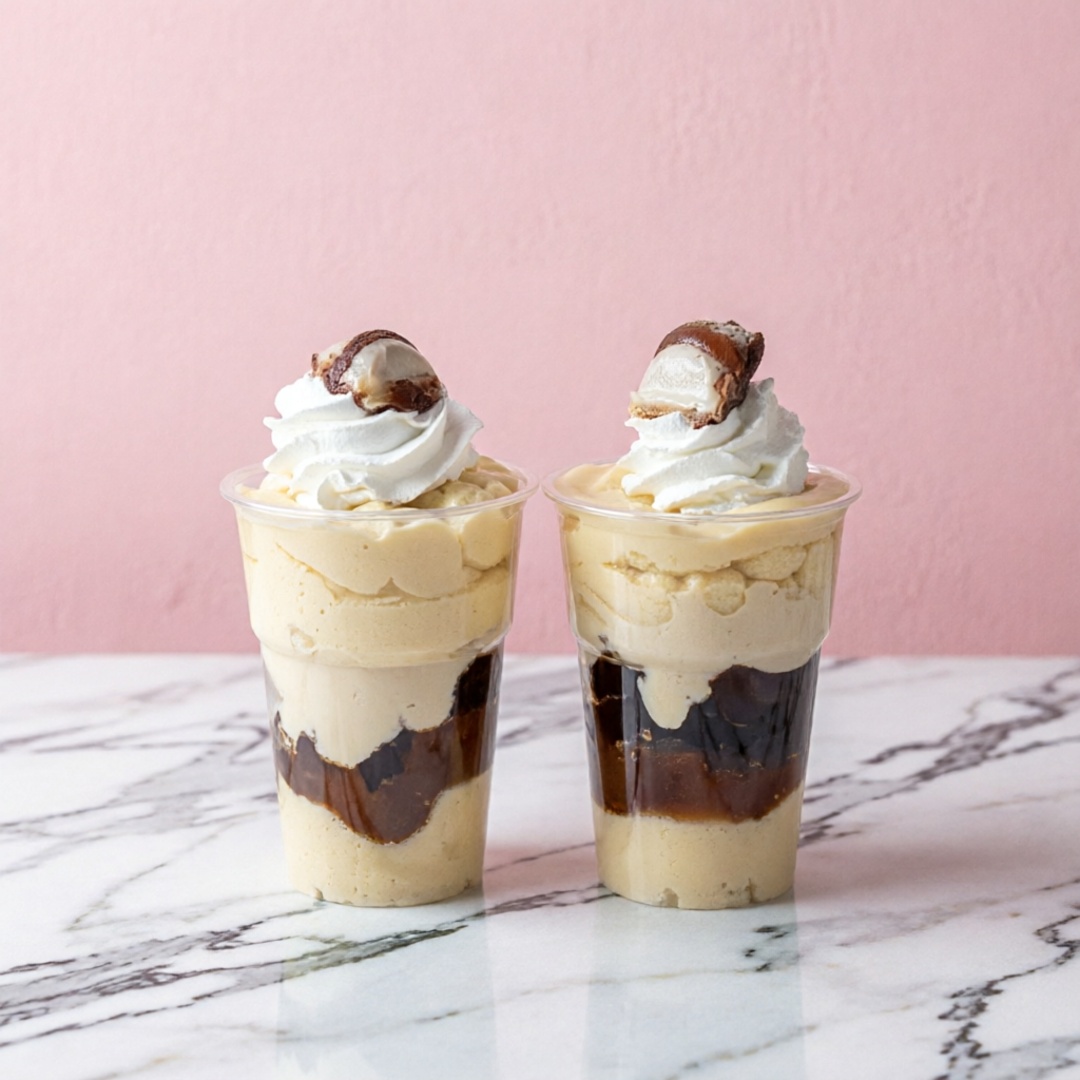 Creme de ninho , brownie, nutella, creme de bueno, finalizado com chantilly e quadradinho de kinder. OBS: produto com sabor bem acentuado, pode ser mais intenso para quem prefere sobremesas menos doces
