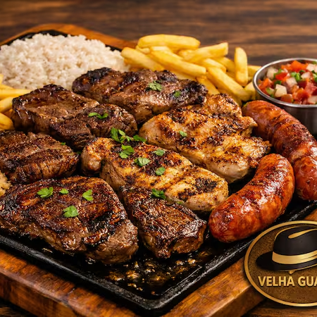 Acompanha, 2 carnes, 2 copa lombos, 2 frangos, 2 linguiças, arroz, farofa, fritas e molho acampanha
