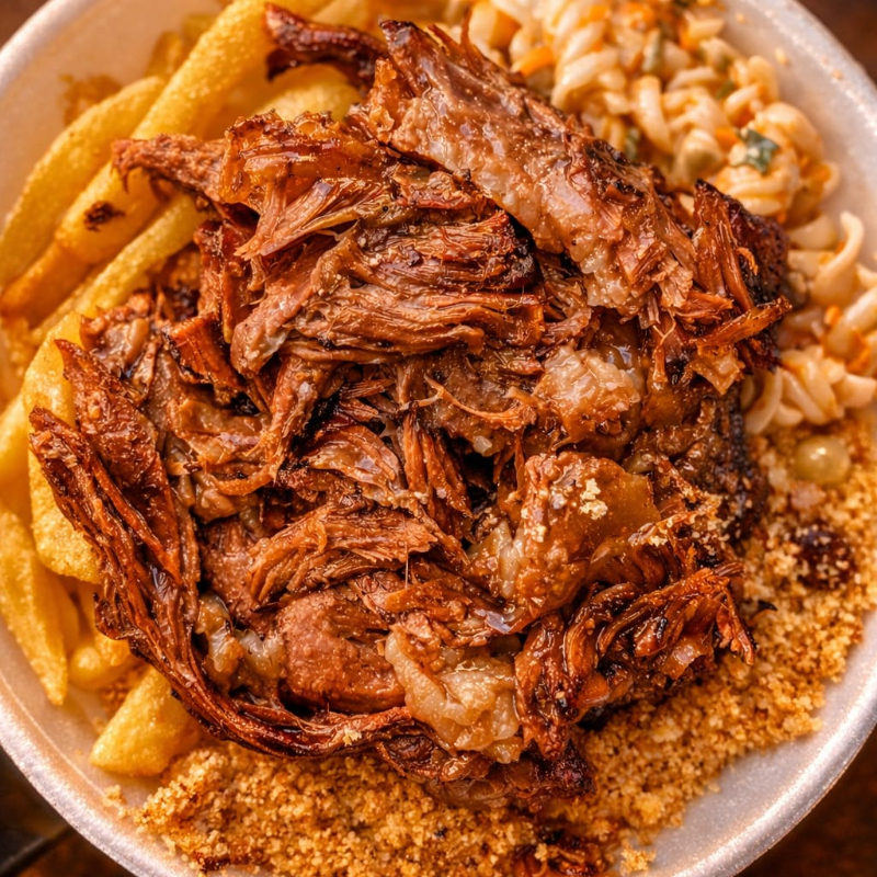 arroz, feijão, aipim, farofa e vinagrete.