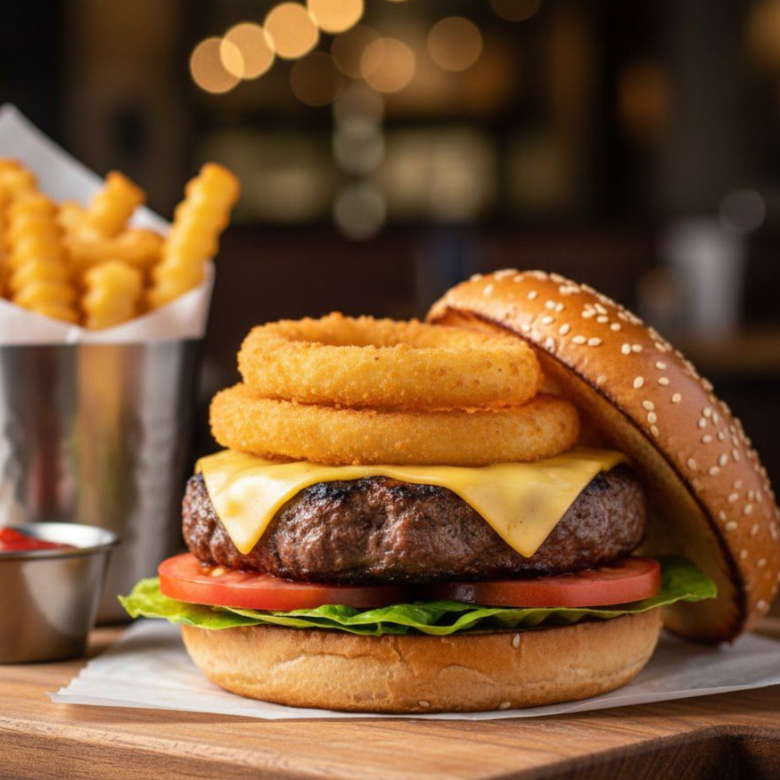 HAMBURGUESA SIRLOIN CON AROS DE CEBOLLA