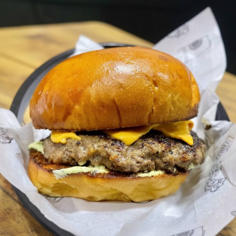 Hambúrguer Artesanal de 150g, 2 fatias de Queijo, Maionese da casa bem temperada no pão de Brioche selado.
