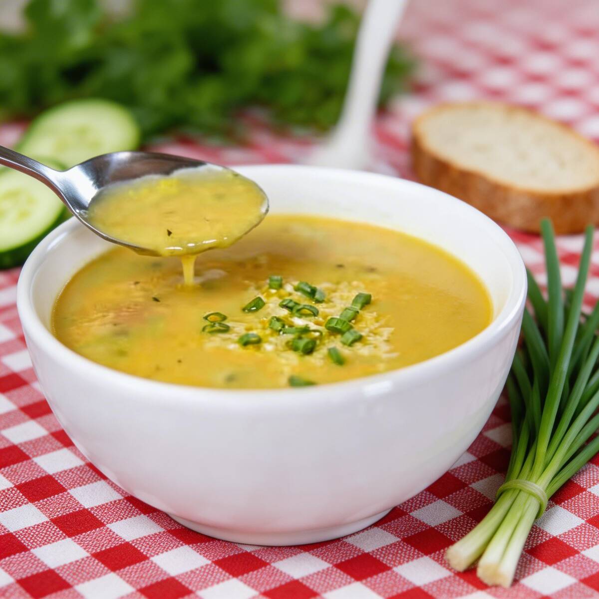Caldo De Mandioquinha e pão francês.