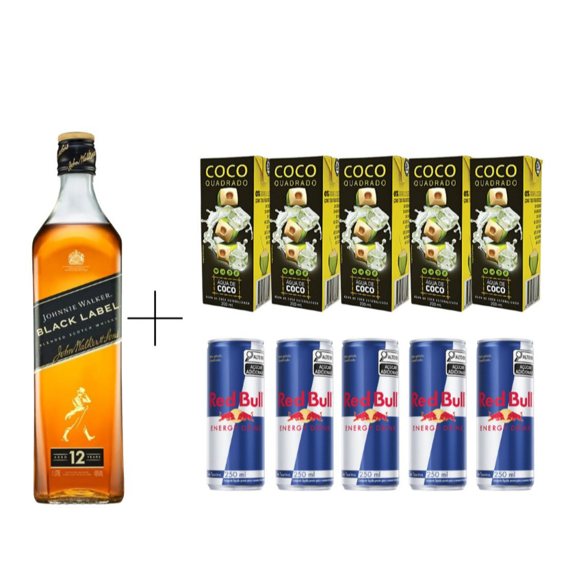 Garrafa Black Label, 5 Red bull Tradicional e 5 Gelos de Coco