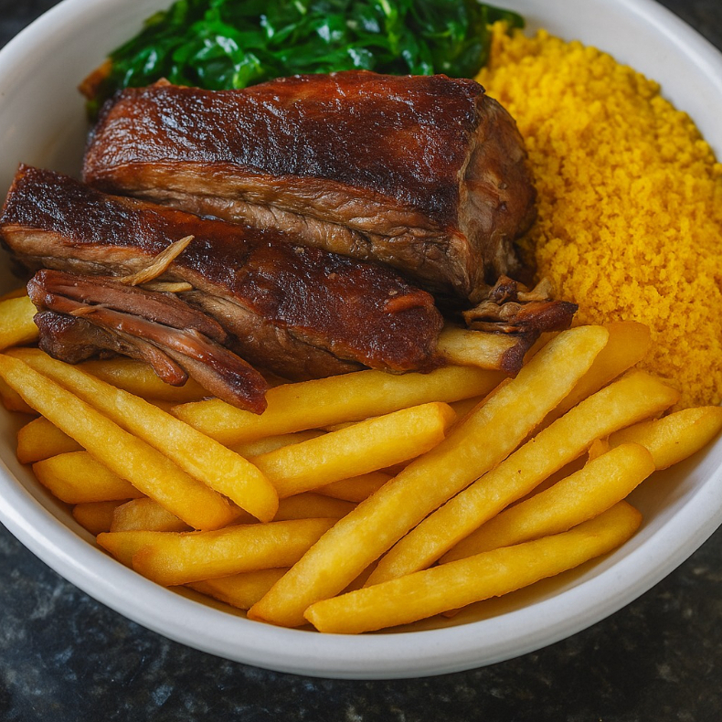 Serve 2 pessoas (900g) Acompanha Arroz, Feijão, Macarrão do Dia, Batata frita, Farofa e Salada