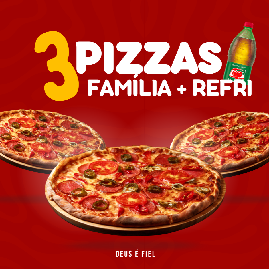 3 Pizzas Família ( 35cm ) com bebida grátis de 1,5l escolha até 2 sabores por pizza. Serve de 6 a 9 pessoas