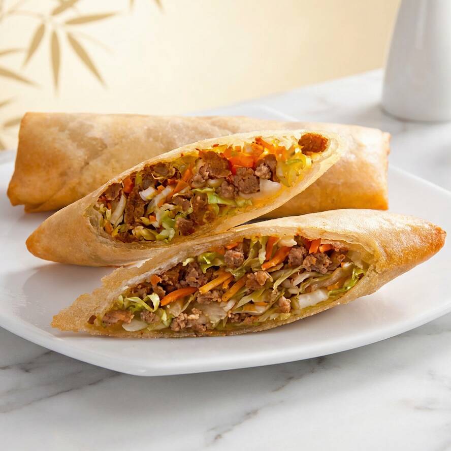 Massa fina e crocante recheada com carne, repolho e cenoura