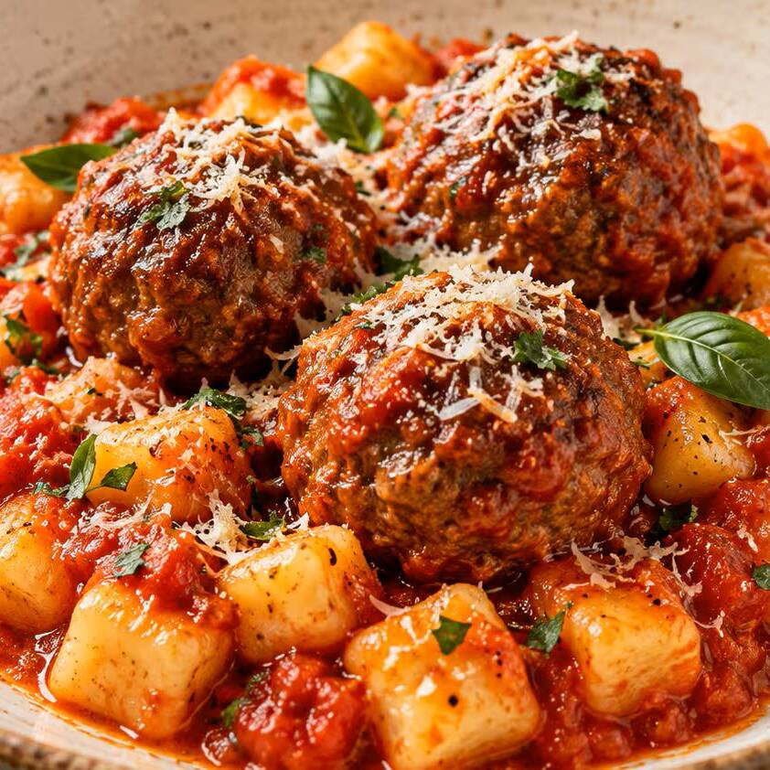 Nhoque massa de batata + 3 unidades de almôndegas de carne ao molho a sua escolha + parmesão por cima peso final aproximadamente 430g ( serve 1 pessoa)
