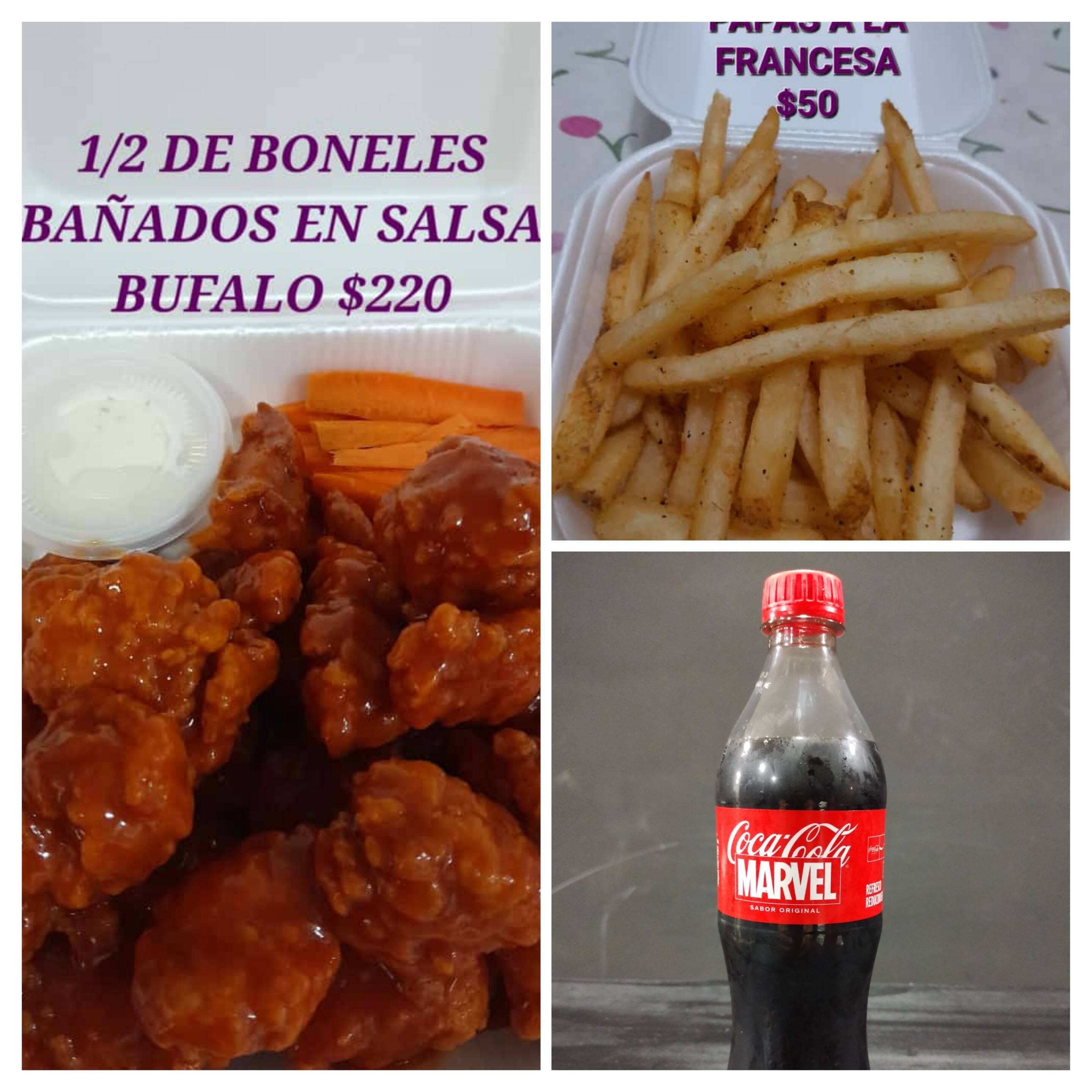 1/2 de boneles bañados+papas y 2 cocas de 600 ml