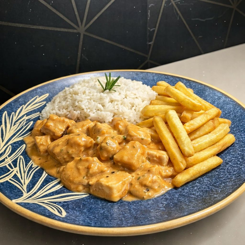 Frango em cubos bem temperado com ervas finas, creme de leite, molho pomodoro, arroz e batata frita.