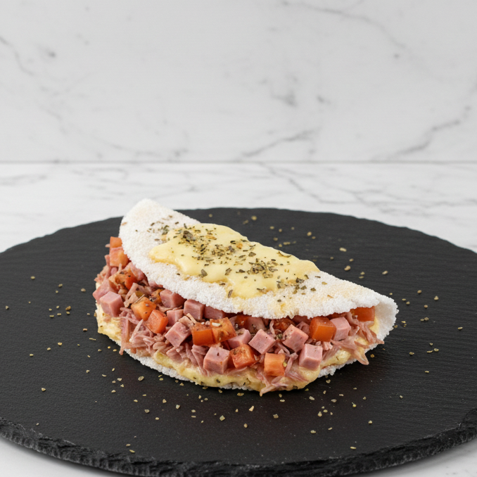 O clássico sabor de pizza em uma deliciosa tapioca! Recheada com muçarela, presunto, tomate, cebola e orégano, preparada na hora para você.