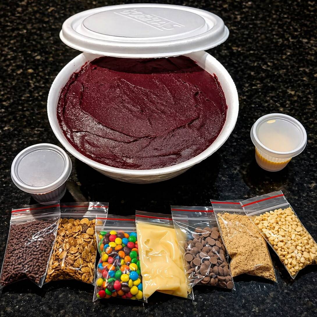 Um açaí Tradicional cremoso com 1litro, com o verdadeiro sabor da fruta. Você pode escolher até 6 Acompanhamento! Todos Os Acompanhamentos São Entregues Separadamente!