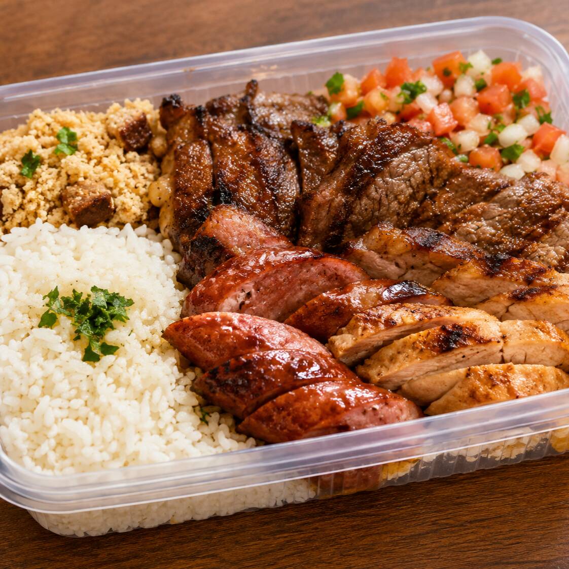 Uma deliciosa combinação de carnes grelhadas que traz o verdadeiro sabor do churrasco para sua refeição. Escolha o tamanho da marmita e complete seu prato selecionando até 3 guarnições.
---- Tags ----
entrega rápida, comida caseira, promoção, cupom, melhor preço,
marmita, marmitex, prato feito, Pf, almoço barato, almoço caseiro, comida caseira, comida quentinha, arroz com feijão, bife acebolado, frango grelhado, feijoada, parmegiana, estrogonofe, carne assada, frango empanado, lasanha, macarrão, quentinha, comida brasileira, comida boa, comida simples, almoço rápido, marmita fitness, almoço do Dia, combo almoço, marmita delivery, restaurante perto de mim, restaurante barato, comida gostosa, almoço executivo, comida no capricho, porção, porções, batata frita, frango frito, carne de sol, macarronada, farofa, feijão tropeiro, comida com gosto de casa, entrega rápida, comida saborosa, comida feita na hora