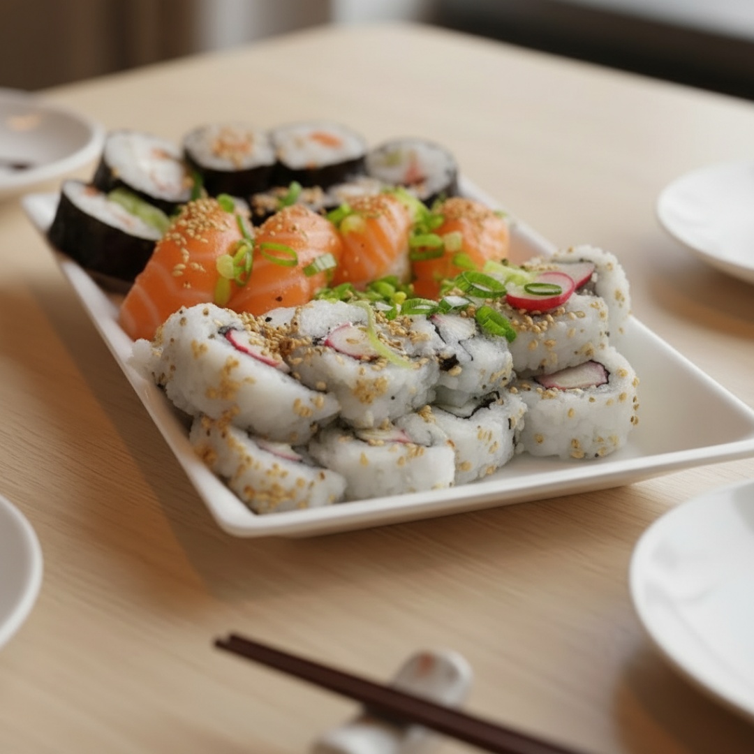 45- Combo Natural Misto 30 Peças (13 Und. De Hossomaki de camarão, 13 Unid. De Uramaki De kani, 4 Unid. De Niguiri De Salmão)(Enrolados naturais de Nori com arroz, salmão, camarão e bolinho de arroz com lâminas de salmão, creme chease, cebolinho e gergelim)
