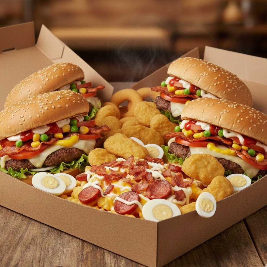 4 X TUDO, BATATA MALUCA 420G (MUÇARELA, CHEDDAR, BACON E CALABRESA), 12 ONIONS RINGS, 12 NUGGETS E 12 OVOS DE CODORNA.