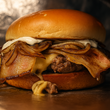 BURGER 150G, QUEIJO BOLA, CEBOLA CARAMELIZADA, FATIAS DE BACON E MAIONESE DA CASA (SIMPLES, REFINADO, INESQUECIVEL).