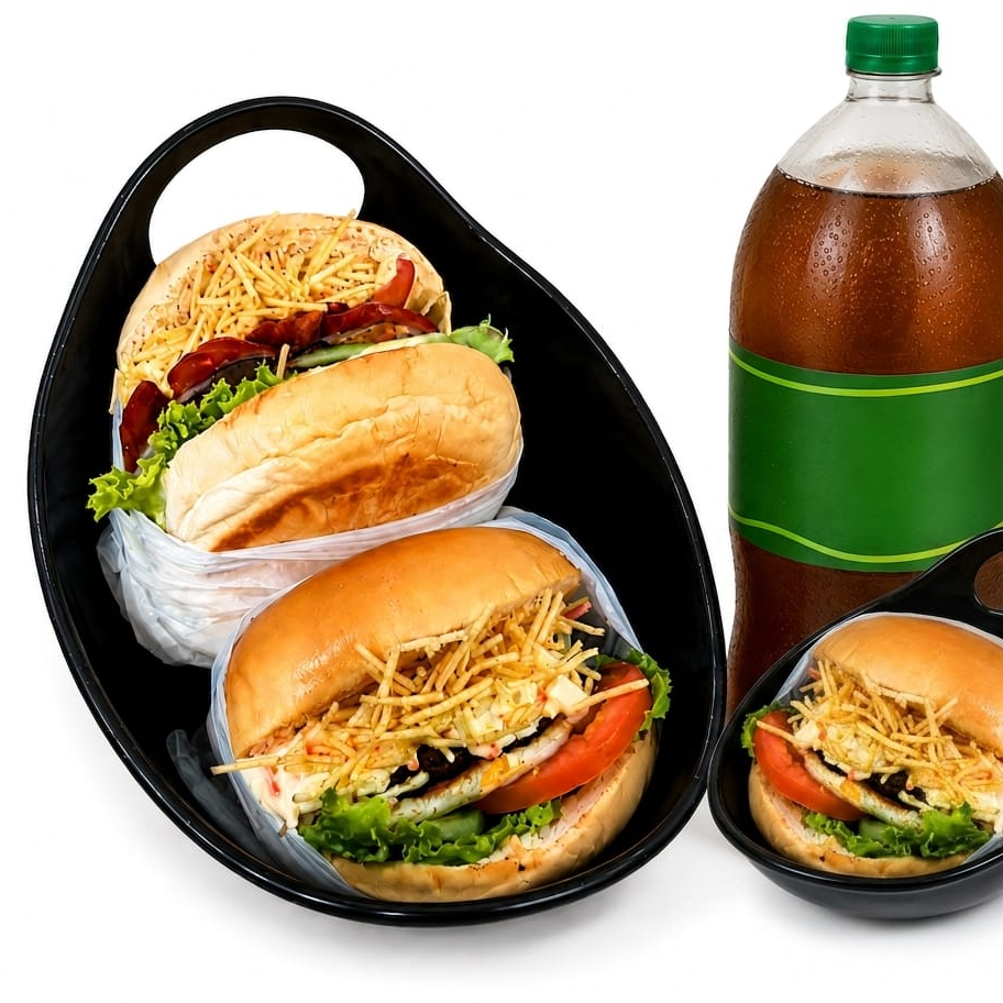 3 Hamburguer Especial, uma porção de batata de 100g + 1 refrigerante de 2 L