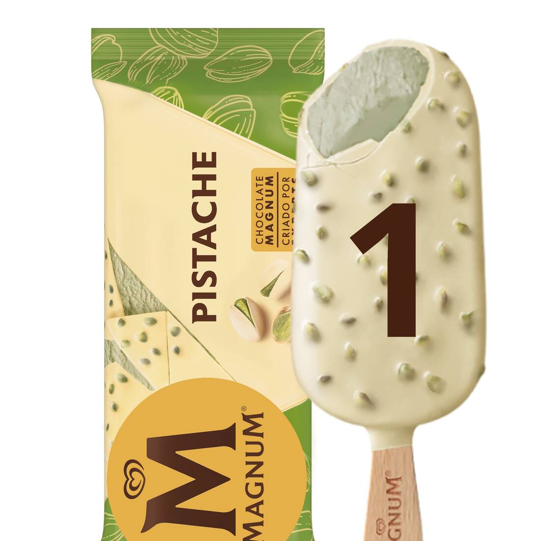 Magnum pistache chegou! Um sorvete de pistache combinado perfeitamente com uma deliciosa e crocante cobertura de Magnum branco com pedaços de pistache. A mordida perfeita!