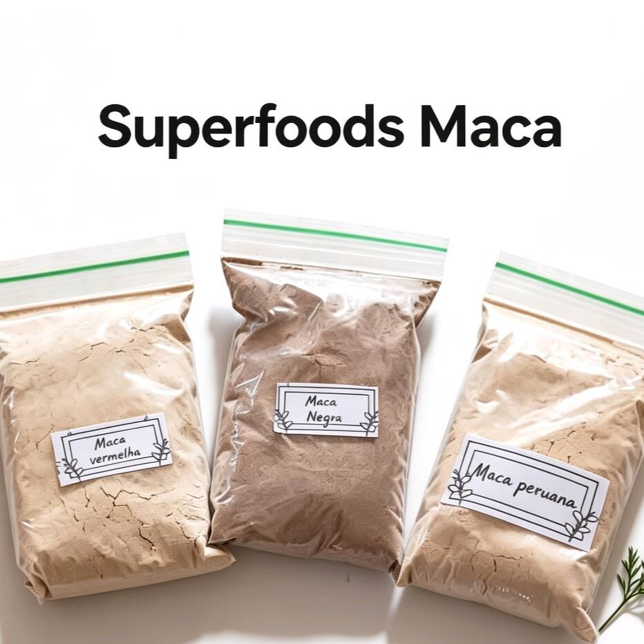50gr de cada: maca peruana tradicional, maca peruana vermelha e maca peruana negra