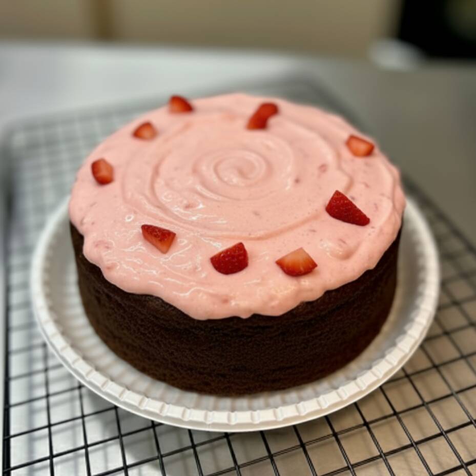 Massa fofinha de chocolate recheado e coberto com mousse de morango e pedacinhos de morangos frescos