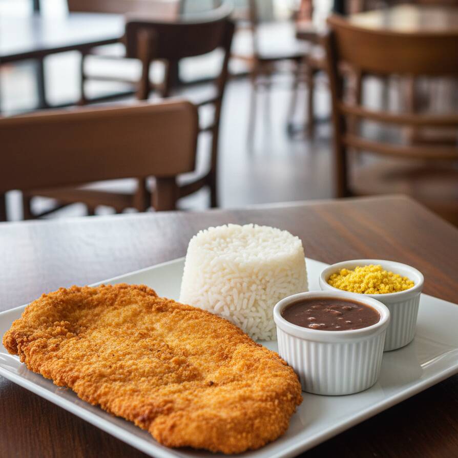 Filé de frango crocante, empanado no ponto certo, suculento por dentro e dourado por fora. Acompanha arroz soltinho, feijão temperado, farofa crocante e macarrão.