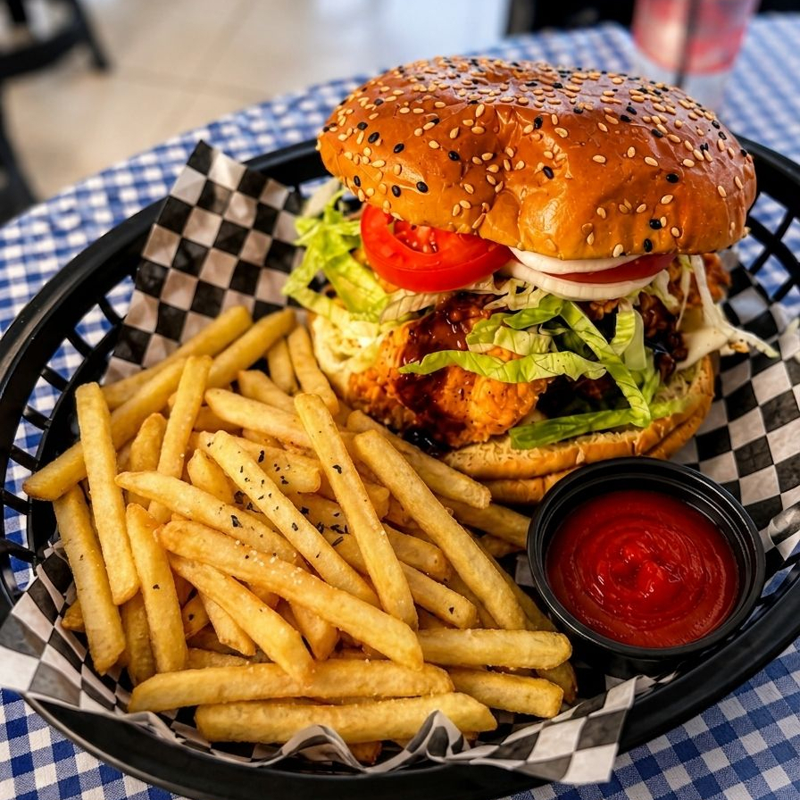 HAMBURGUESA DE BONELESS + PAPAS ALA FRANCESA