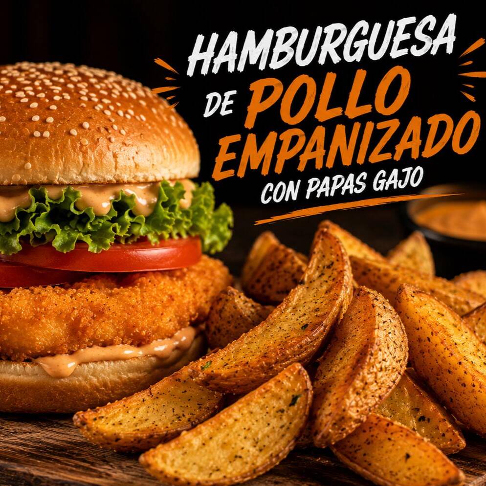 Hamburguesa de Pechuga Empanizada con Papas
