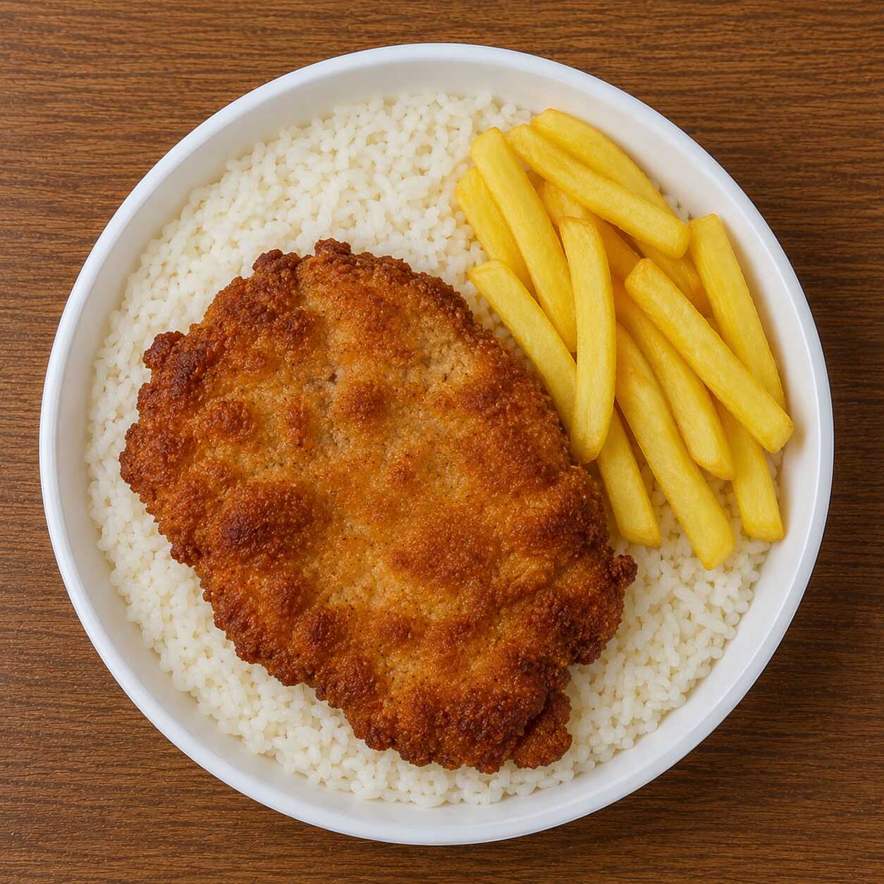 Bife à milanesa com arroz, feijão e batata frita (Aprox. 450g).