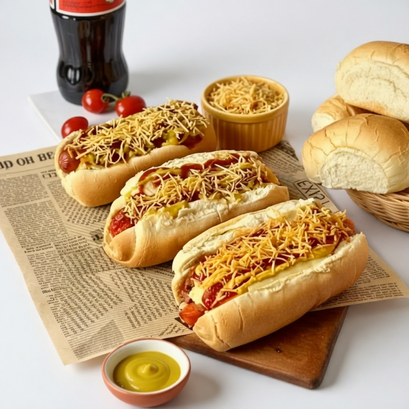 5 hot dog especial (pão salsicha vinagrete milho catchup mostarda pure de batata e batata palha)