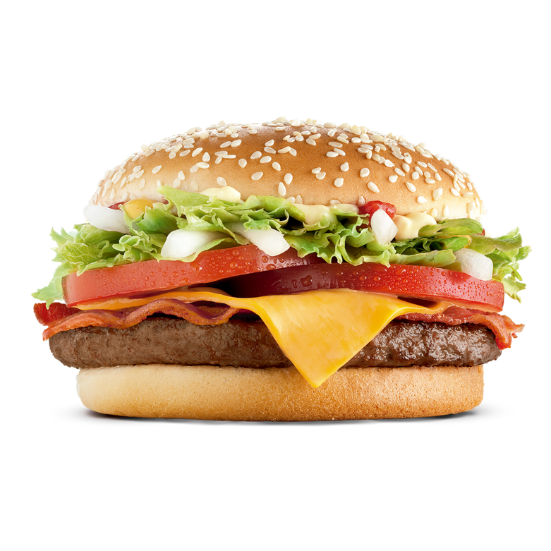 Um hambúrguer (100% carne bovina), bacon, alface americana, cebola, queijo cheddar, tomate, maionese, ketchup, mostarda e pão com gergelim