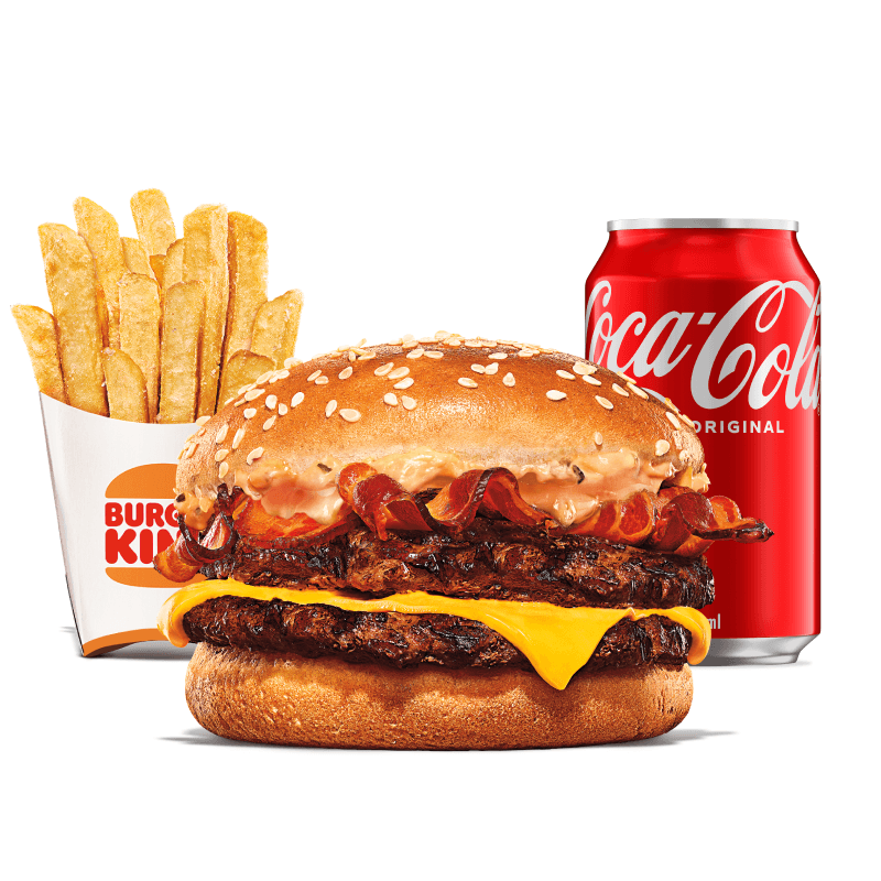 Um hambúrguer com duas carnes bovinas grelhadas de 57g, pão com gergelim, queijo derretido, fatias de bacon crocante e o exclusivo molho bk stacker. Acompanha batata frita e bebida.