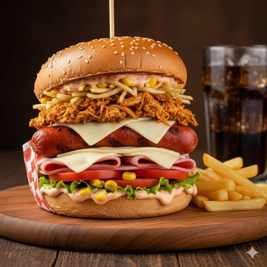 Pão, Frango, Salsicha, Presunto, Mussarela, Milho, Tomate, Alface, Batata Palha