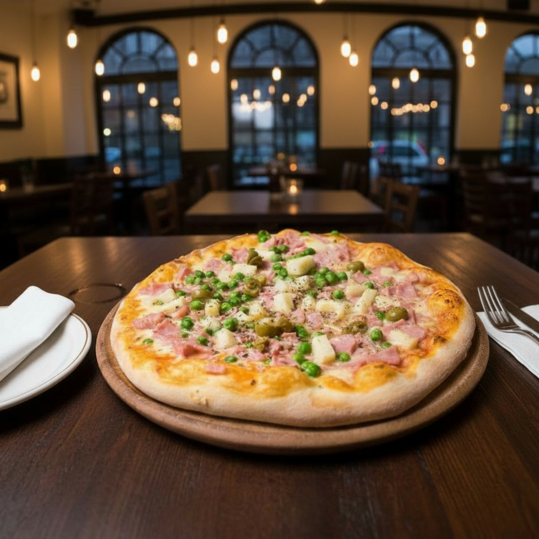 Presunto, ervilhas, cebola com cobertura de mussarela.