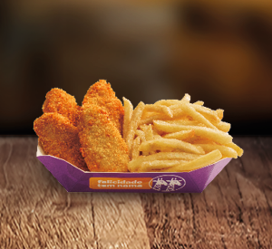 4 unidades de Filezinho de Sassami enpanados (Aprox. 40g cada) + batata frita de 90 g)