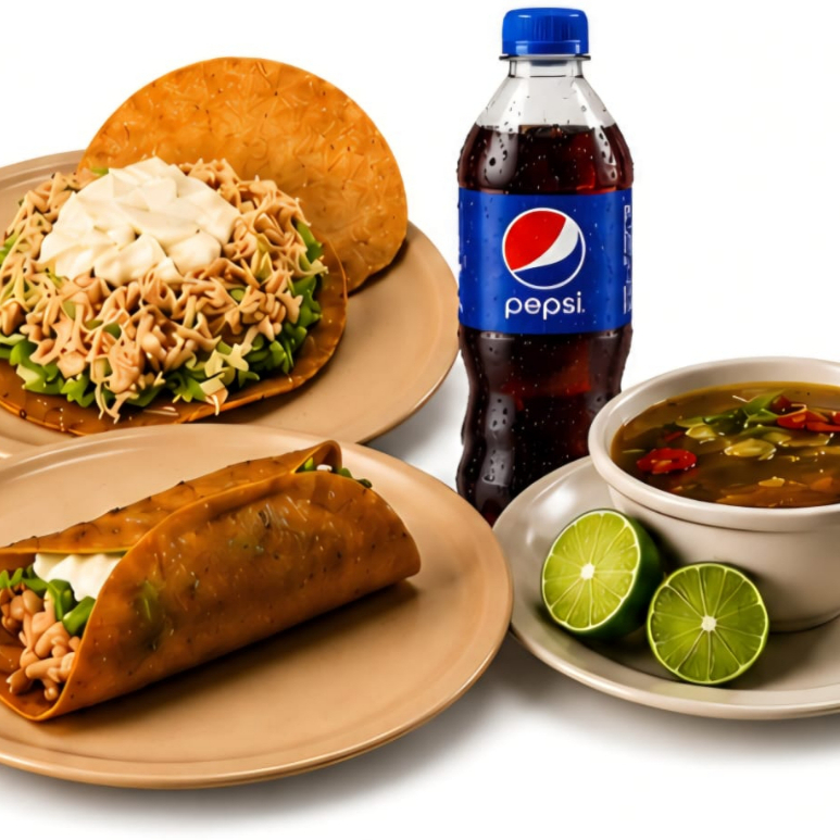 Tostada Esp. + Taco Esp. + Consomé + Refresco