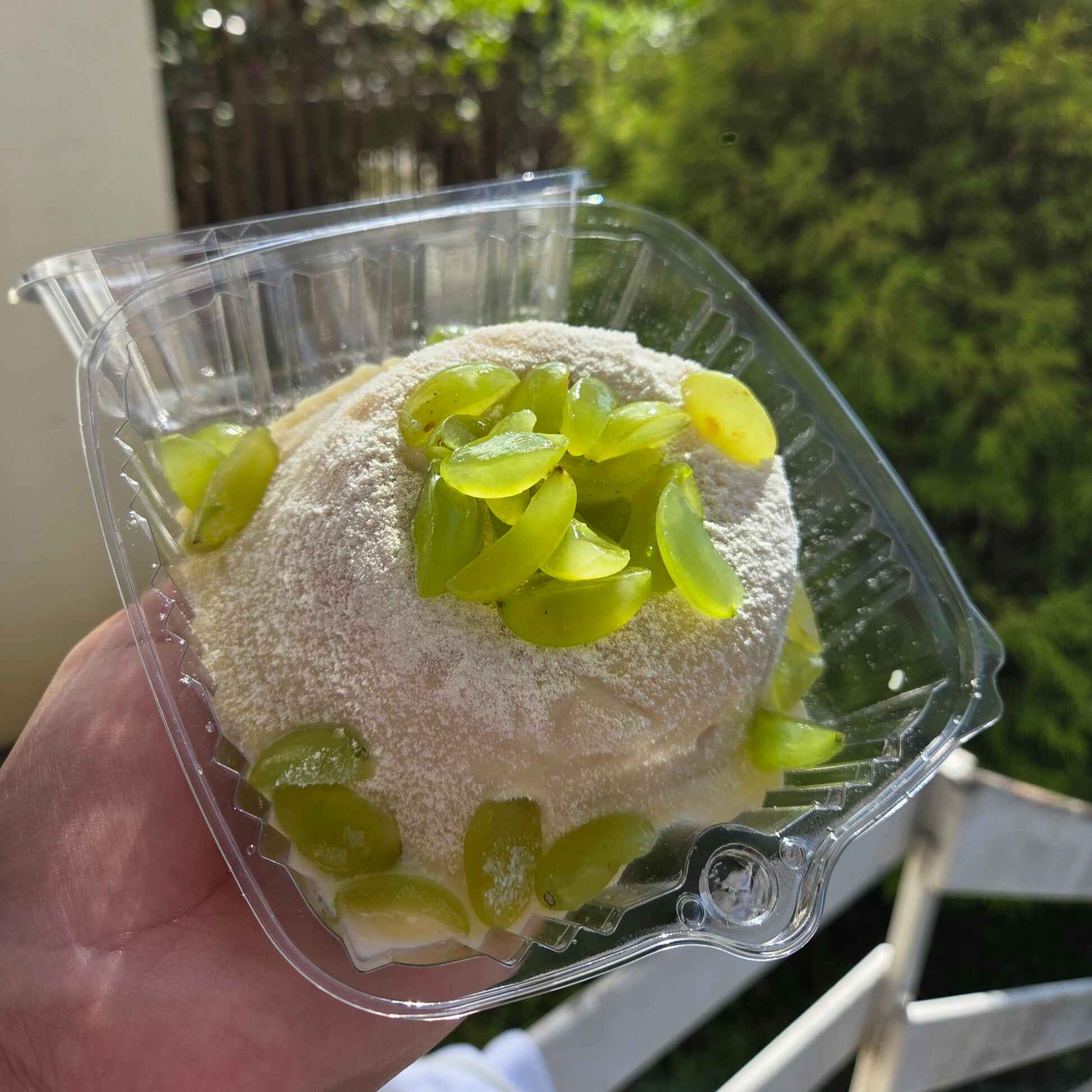 Delicioso bolo de massa branca de baunilha, com creme gourmet de ninho e uvas verdes sem semente