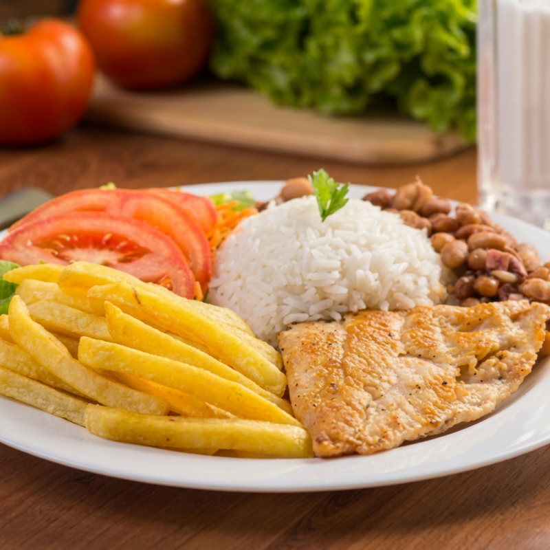 Deliciosa Refeição com Filé de Peixe Empanado. Acompanha Arroz Branco, Feijão Caseiro, Fritas e Salada Mista (Alface e Tomate).