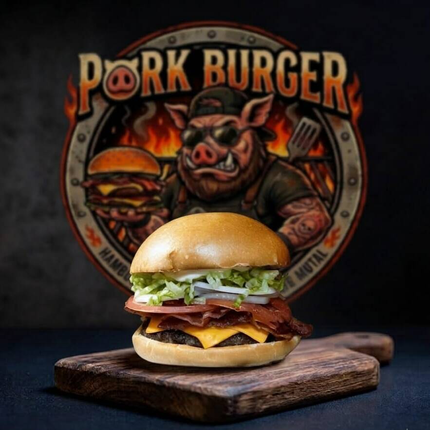 Hambúrguer Angus (Smash 100g - Esmagado na Chapa), com queijo cheddar americano derretido. Vem com bacon crocante com estalo, alface americana picada sem miséria, rodelas de tomate fresco e cebola de respeito. Regado com maionese e ketchup de verdade, tudo fechado no pão levemente selado.