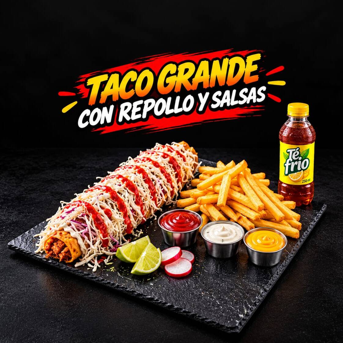 Taco Grande, Papas Fritas + 1 BEBIDA